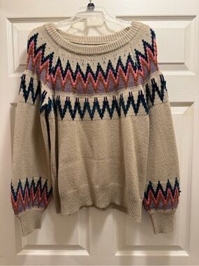 Maurices Beige Crewneck Sweater with Multicolor Fair Isle Yoke
